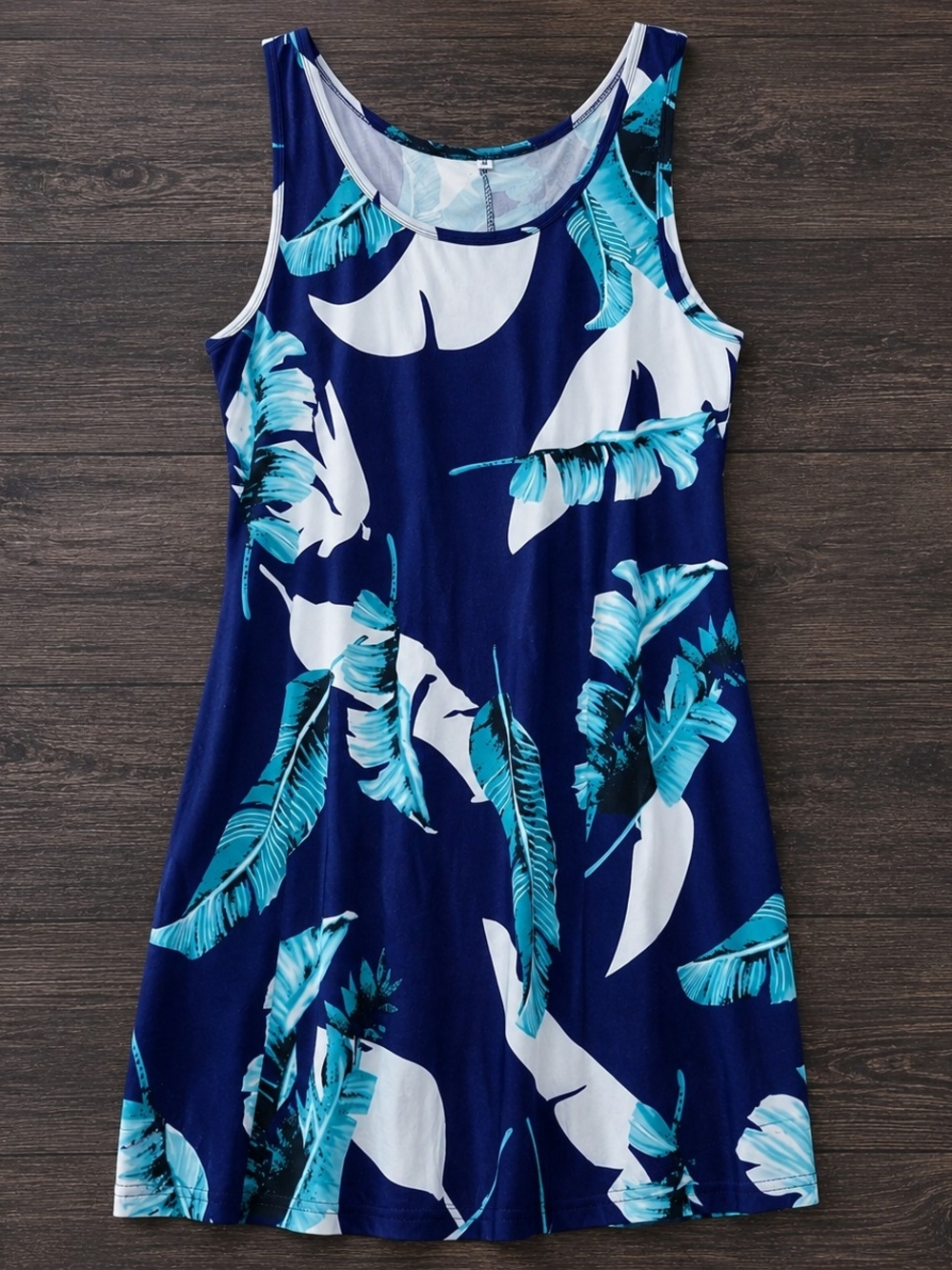 Women's Medium Navy Tropical Leaf Sleeveless Swing Dress